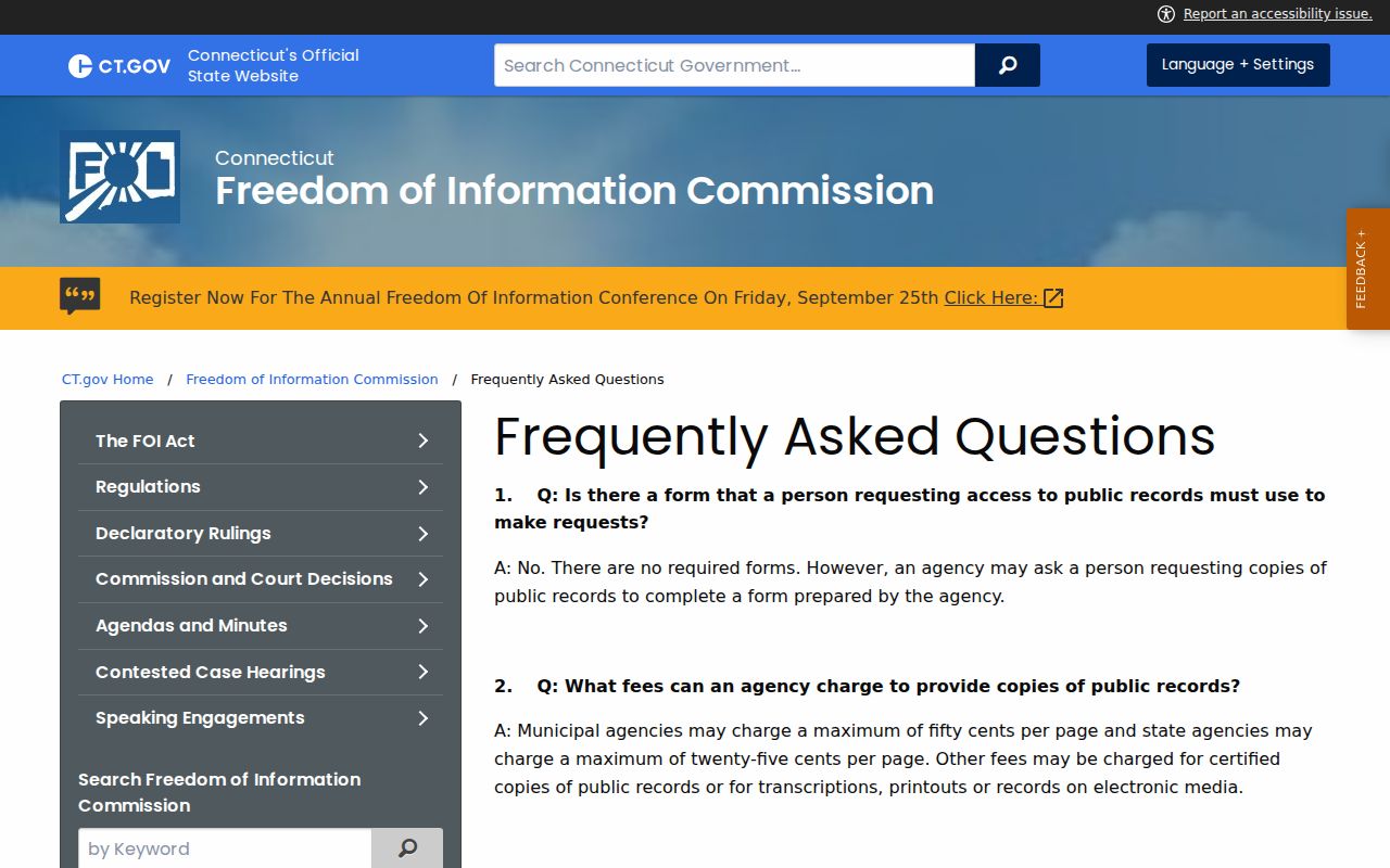 Stamford residents directory Connecticut FOI request guidance