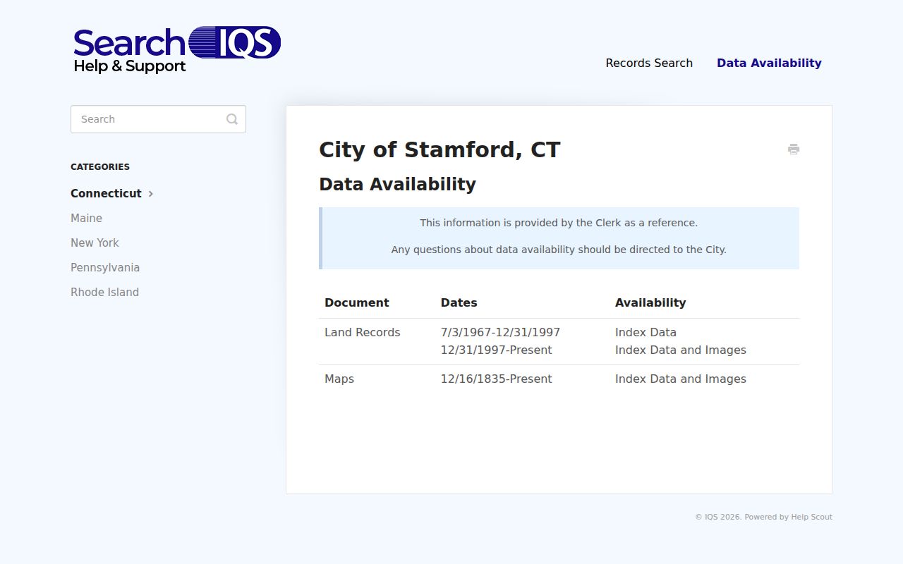 Stamford previous residents SearchIQS land record coverage