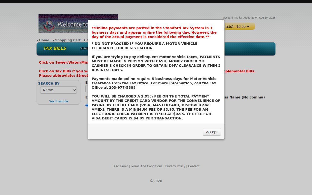 Stamford street directory tax bill search with ZIP limits