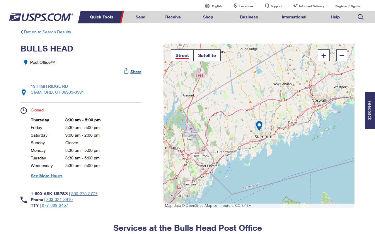 Stamford ZIP code directory Bulls Head USPS location